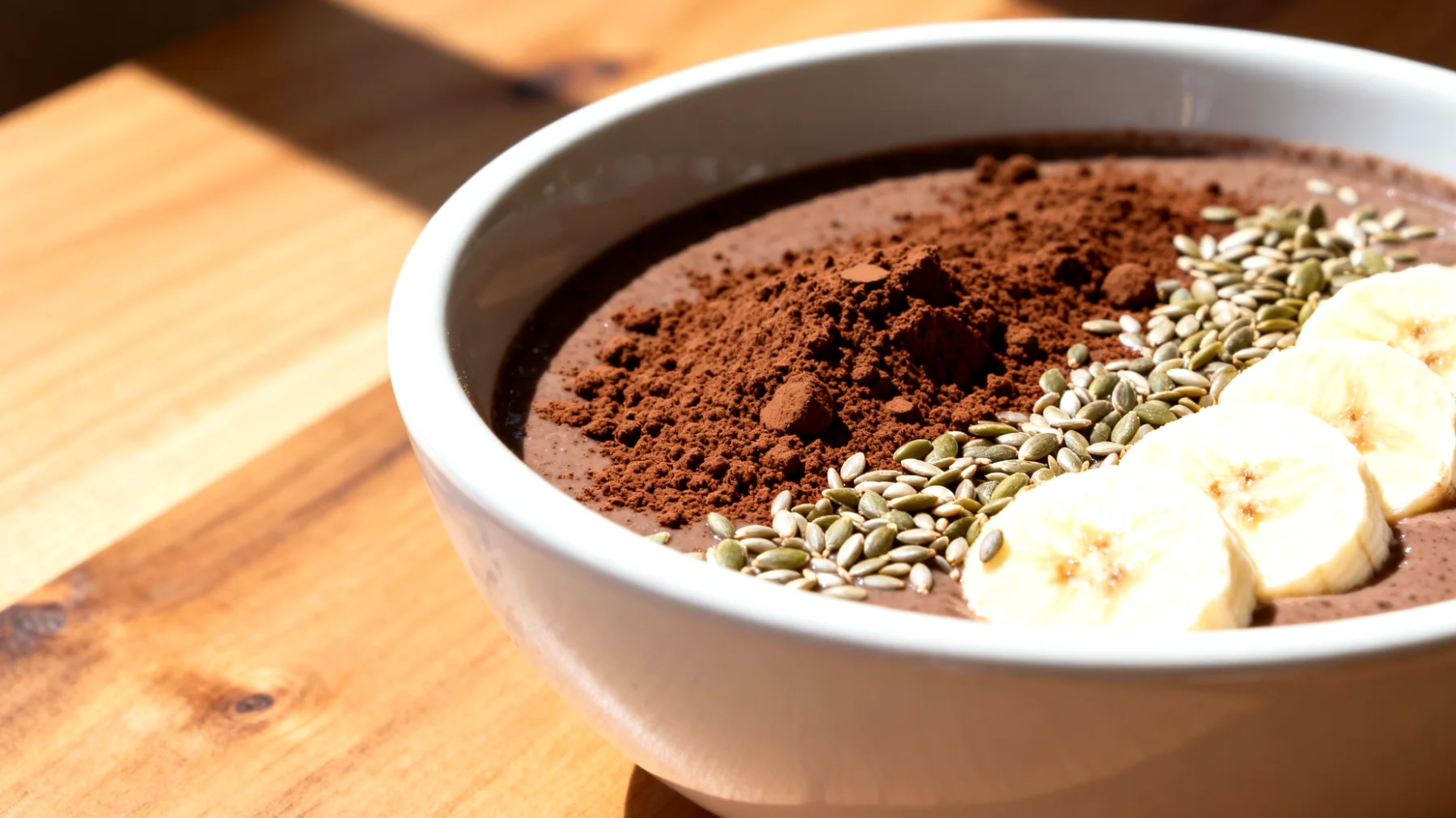 Smoothie bowl al cacao crudo, banana e semi di canapa"