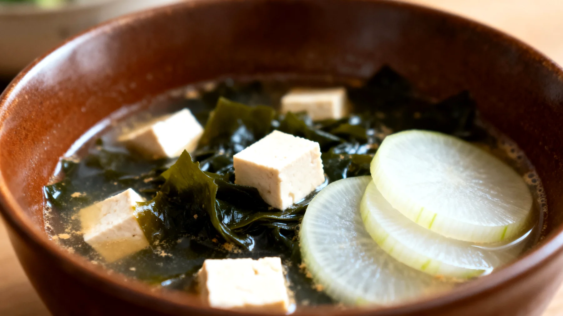 Zuppa di miso con alghe wakame, tofu e daikon"
