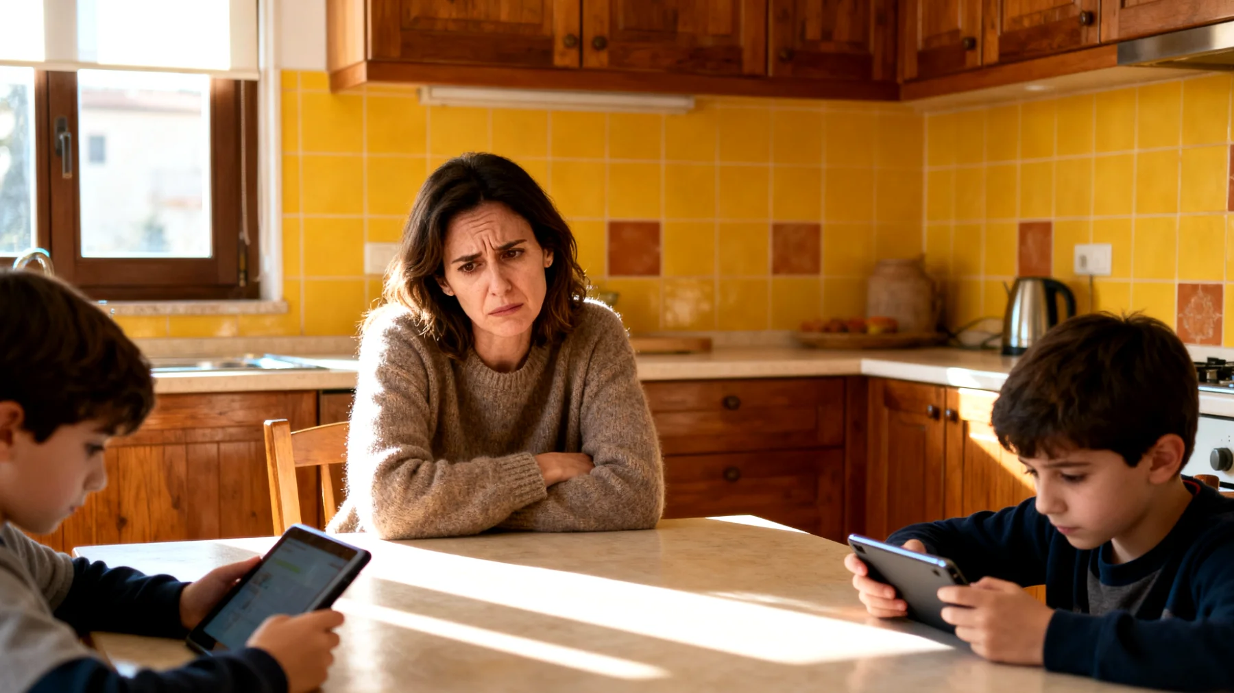 Una mamma che fatica a comprendere e relazionarsi con i propri bambini a causa delle differenze generazionali nei metodi educativi, nei valori e nell'approccio alla genitorialità rispetto a come è stata cresciuta lei stessa"