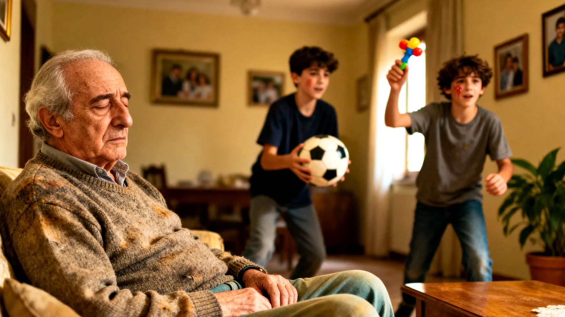 Il nonno si sente fisicamente e mentalmente affaticato nel gestire i nipoti adolescenti, faticando a stare al passo con le loro energie e necessità, e percepisce di non avere più la resistenza necessaria per occuparsene adeguatamente"